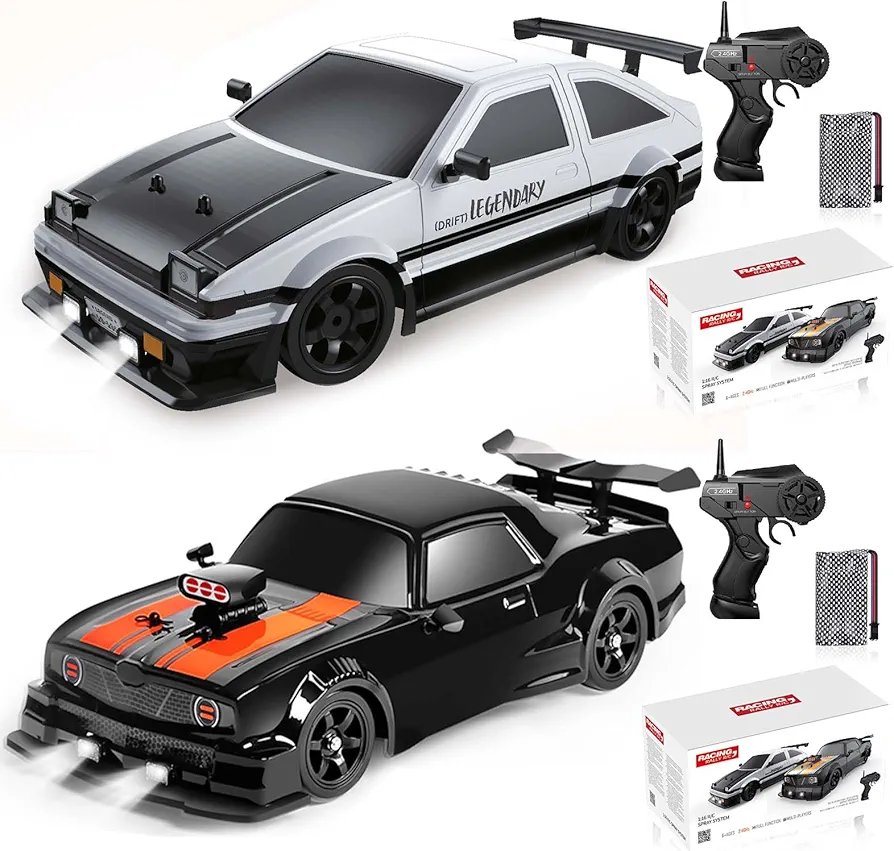 2PCS Remote Control Car RC Drift Car 1/16 Scale 4WD 18KM/H High Speed RC Car 2.4GHz with LED Lights Spray Racing Toy Car for Adults Boys Girls Kids Birthday Rechargeable Batteries