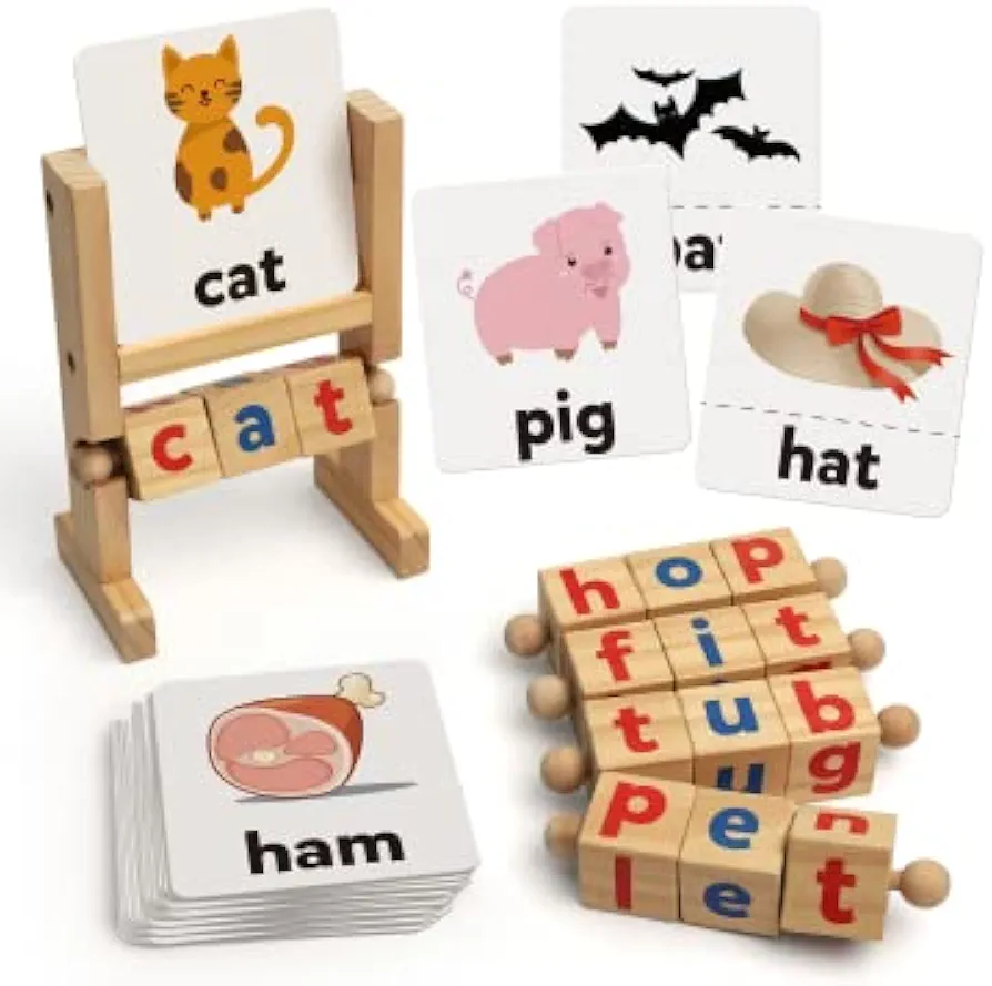 Coogam Wooden Reading Blocks Short Vowel Rods Spelling Games, Flash Cards Turning Rotating Letter Puzzle for Kids, Site Words Montessori Spinning Alphabet Learning Toy for Preschool Boys Girls