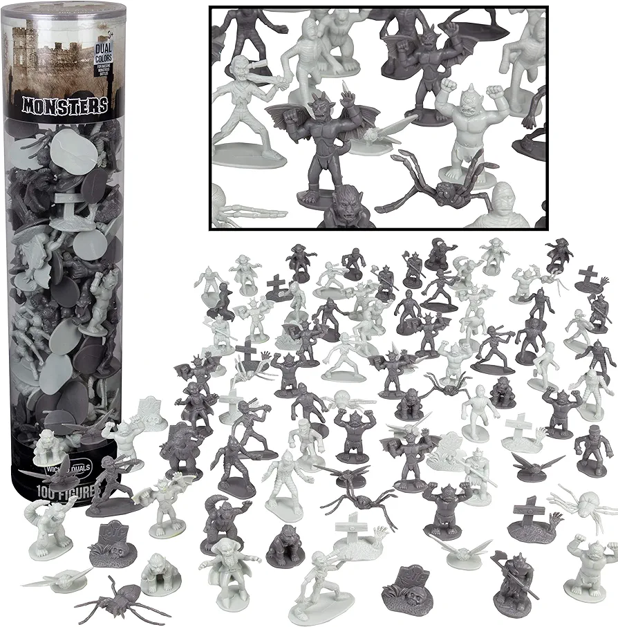 Monster Mini Action Fantasy Figure Playset- 100 Horror Toy Miniatures w 13 Unique Figures - Dracula, Frankenstein, Giant Spiders and More- Perfect for Dioramas, creative playtime, and Party Favors