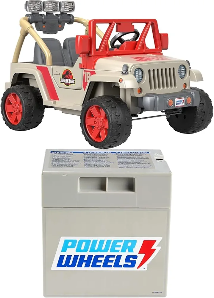 Bundle of Power Wheels Jurassic Park Jeep Wrangler Ride-On with Dinosaur Sounds & Lights for Preschool Kids Ages 3+ Years + Power Wheels Replacement Battery 12-Volt 12-Ah Rechargeable