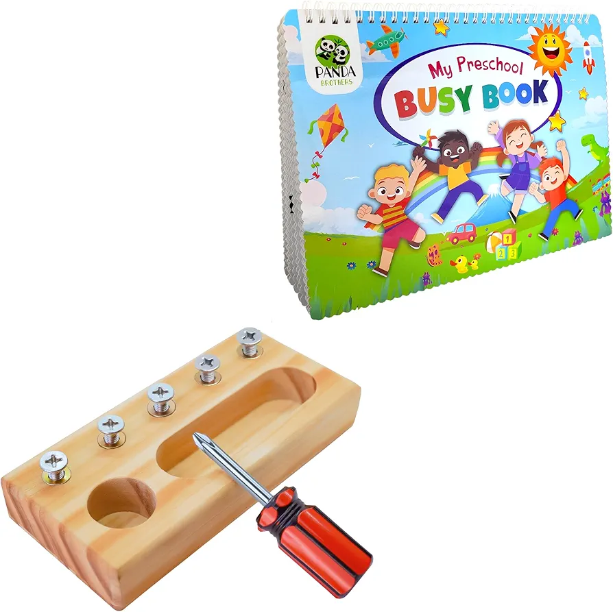 Panda Brothers Set of 2 Toys: Busy Book & Screwdriver Board Mini. Montessori Toys for Kids, Wooden Toys, Sensory Toys for 3 4 5 Year Old, Busy Board, Preschool Classroom STEM Toy for boy