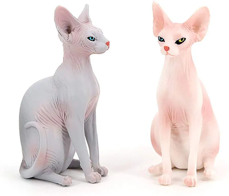 Simulated Hairless Cat Model Figure Toy, 2 Pcs Realistic Sphynx Hairless Cat Figurines Collection Playset Science Educational Props Toy(Grey&Pink)