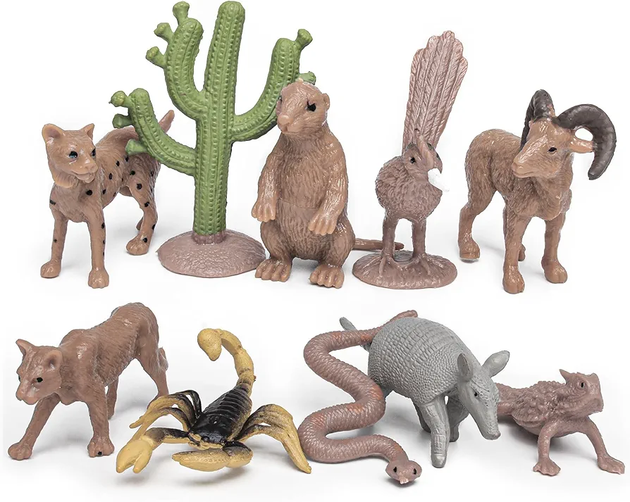 Fantarea Desert Wild Animal Model Figures Playsets 11 PCS Mini Cactus Armadillo Snake Lynx Wolf Scorpion Marmot Figurines Decoration Set Toys for Boys Girls Kids