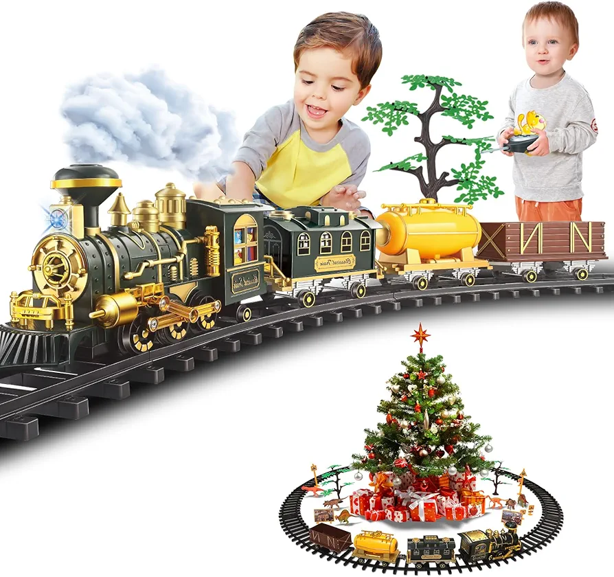 Train Set,with Remote - Updated Large Size Electric Train Toy Set with Dinosaurs, w/Smokes,Lights & Sound,Powered Steam Locomotive Engine, Cargo Cars & Tracks, for 3 4 5 6 7 8+ Year Old Kids