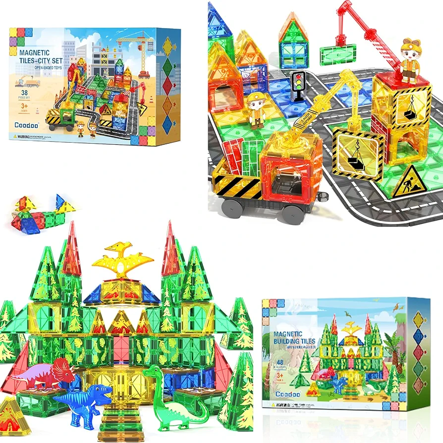 86PCS Dinosaur Toys Kids Games Magnetic Tiles with 2 Cranes Construction Toys Set Sensory Toys for Boys Girls Ages 3-6 5-7 8-13, Gifts for 3+ Year Old Boys Girls Toddler Outdoor Kids Toys with Car