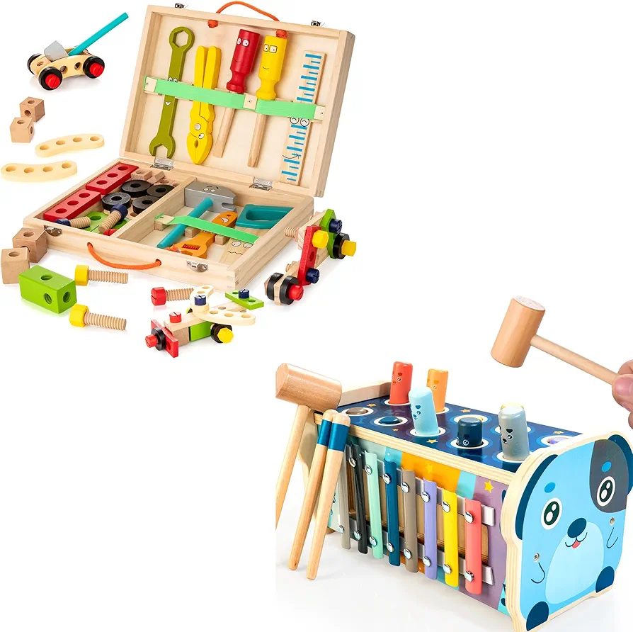 KIDWILL Wooden Tool Kit for Kids Bundle with Wooden Hammering and Pounding Toy