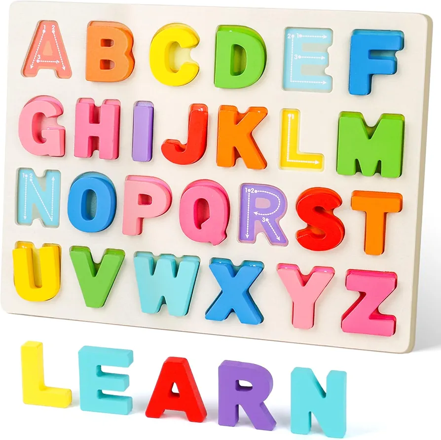 AMOR PRESENT Alphabet Wooden Puzzles, Wooden Shape Puzzles for Kids Preschool Educational Toys Montessori Toddler Puzzles for Boys Girls 3+