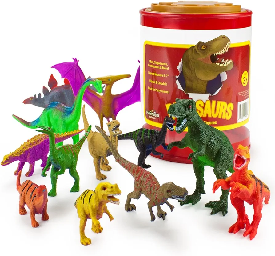 Set of 12 Large 7" Dinosaur Toys with Storage Drum | Assortment of Vibrantly-painted Dino Figures in Travel-friendly Plastic Bucket | T-rex, Raptor, Stegosaurus, and More! | Durable, Flexible Vinyl