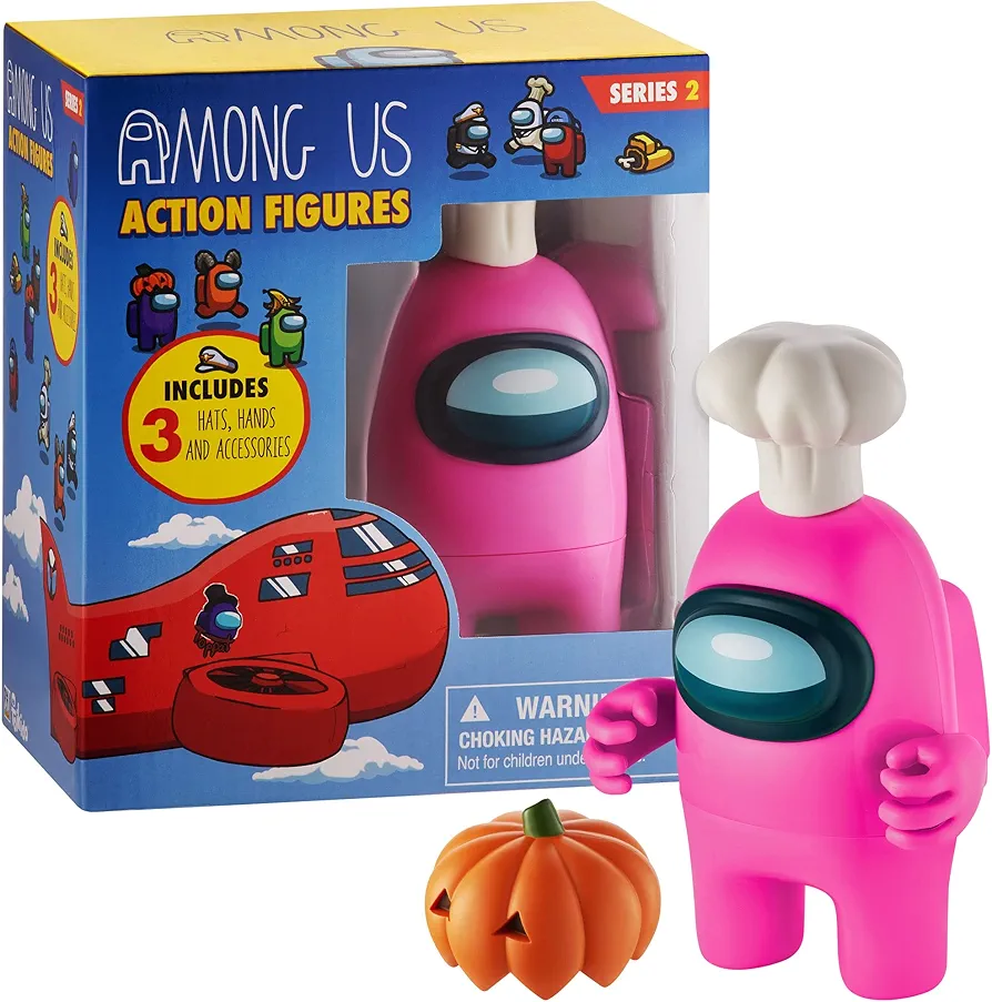 P.M.I. Among Us Action Figure | One of Four 4.5-Inch-Tall Collectibles | Among Us Toys and Playable Mini Toys | Pink Crewmate in The White My Name Chef with Hidden Hat and Hands