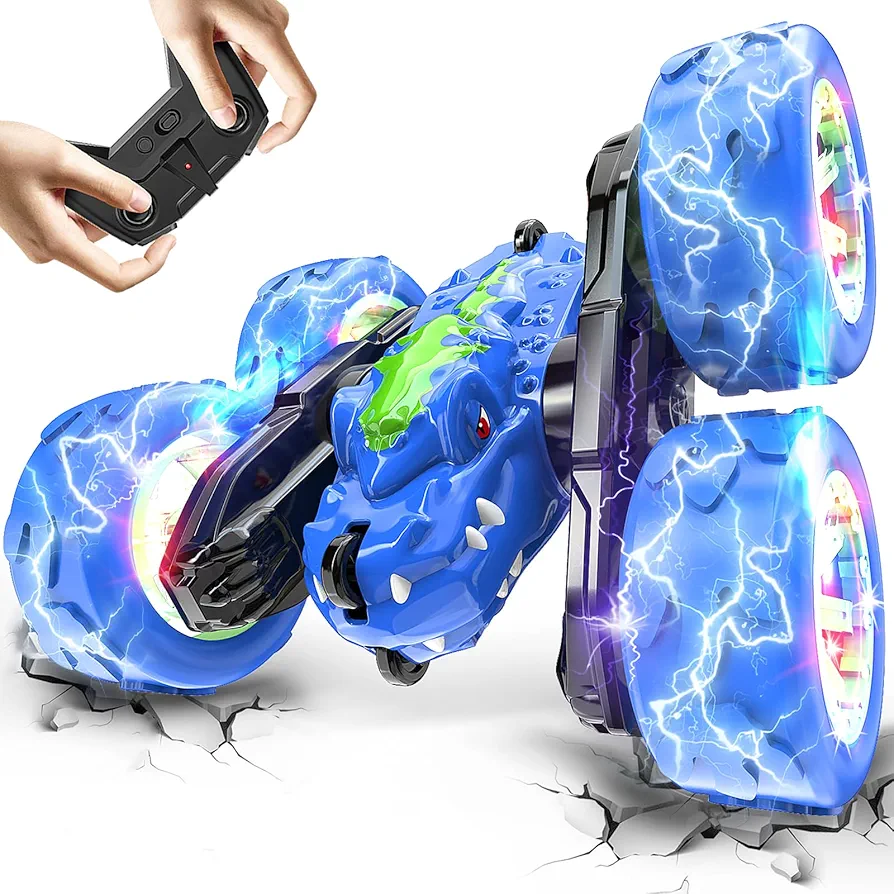 Remote Control Car for Boys Age 4-7, Toys for Ages 5-7 8-13, Rechargeable RC Cars 360° Flip Double Sided RC Stunt Cars with Cool Light, Dinosaur Toys for Kids Birthday Xmas Gifts, Blue