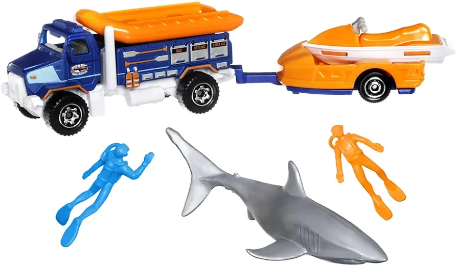 Matchbox Hitch & Haul Die-cast Vehicle Playset - Deep Sea Diver Shark Attack Rescue ~ 7 Piece Set ~ Rapids Rescue Truck with Detachable Raft Pulls Trailer with Jet Ski ~ Includes Shark and 2 Divers