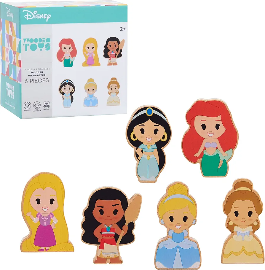 Disney Wooden Toys Just Play Disney Princess Figures 6-Pack, Ariel, Rapunzel, Moana, Jasmine, Belle, and Cinderella, Kids Toys for Ages 2 Up, Amazon Exclusive