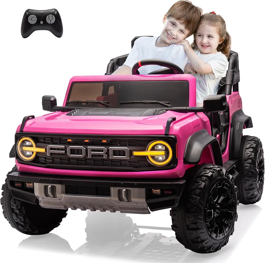 Ford Bronco Raptor Licensed Electric Ride On Toy Car for Big Kids,24v 2 Seater Battery Powered Vehicle with Remote Control,Off-Road Wheels,Bluetooth Music Player,Spring Suspension,Safety Belts (Pink)