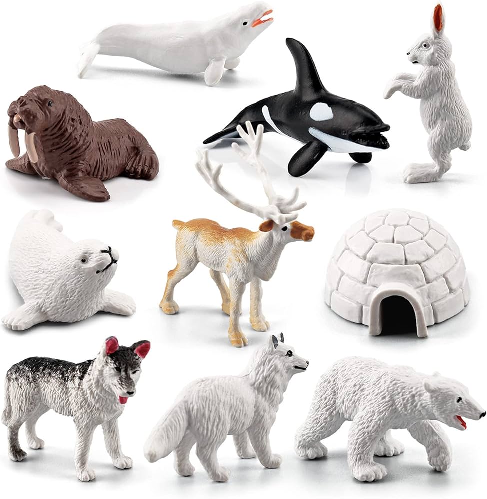 10 PCS Arctic Animals Figures, Polar Animals Figurines for Diorama School Project, Arctic Tundra Animal Toys Set with Polar Bear Deer Arcitc Fox Wolf