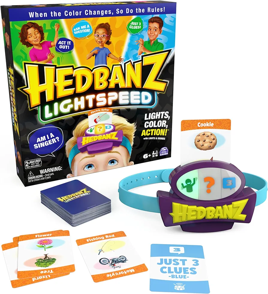 Hedbanz Lightspeed Game with Lights & Sounds, Family Games, Games for Family Game Night, Kids Games, Card Games for Families & Kids Ages 6 and up