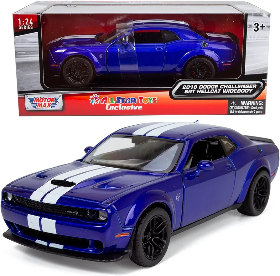 All Star Toys 2018 Dodge Challenger SRT Hellcat Widebody Indigo Blue with Racing Stripes 1/24 Diecast Model Car Motormax 79350