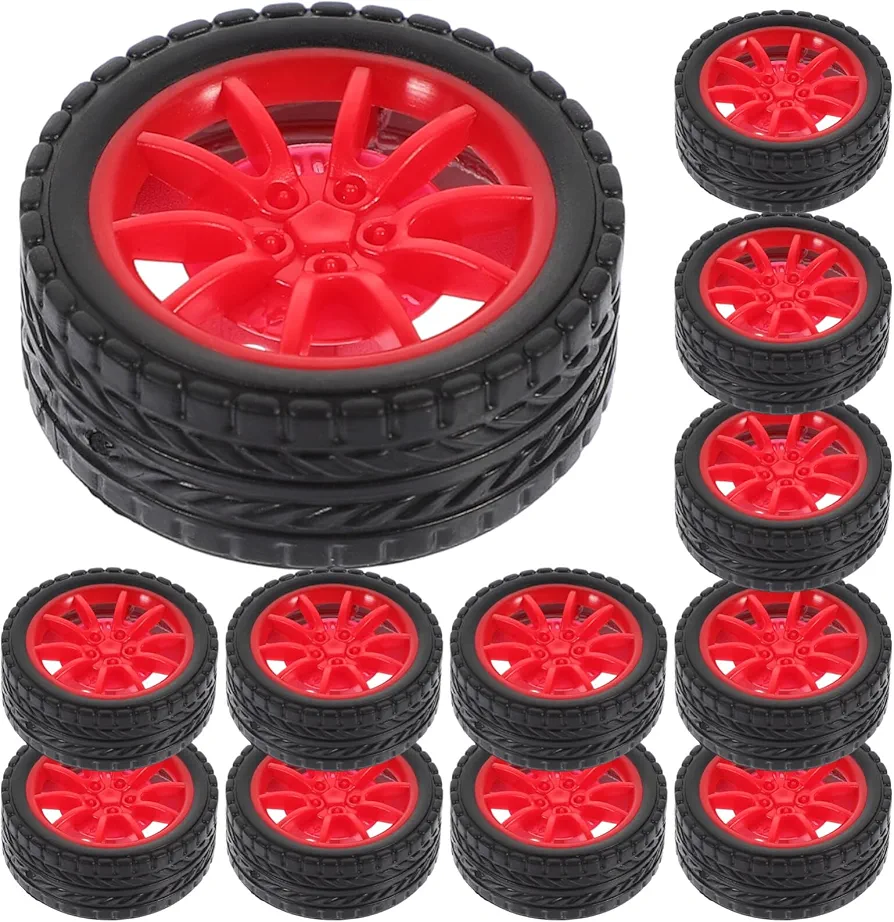 Toyvian 20pcs Toy Car Wheels, 20mm Rubber Tire Car Replacement Wheels Plastic Project Wheels Robot Wheels Parts for Kids DIY Car Model Accessories Red