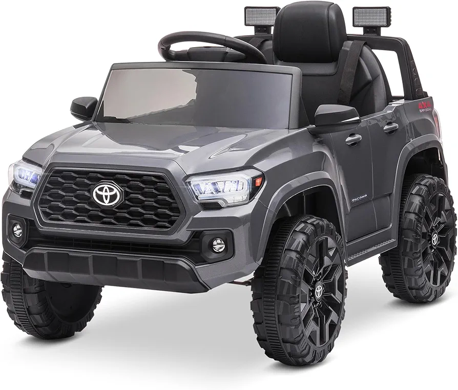 Kidzone 12V Ride on Truck, Battery Powered Licensed Toyota Tacoma Electric Car for Kids, Electric Vehicle Toy with Remote Control, 3 Speeds, MP3, Horn, LED Lights, Suspension System - Grey