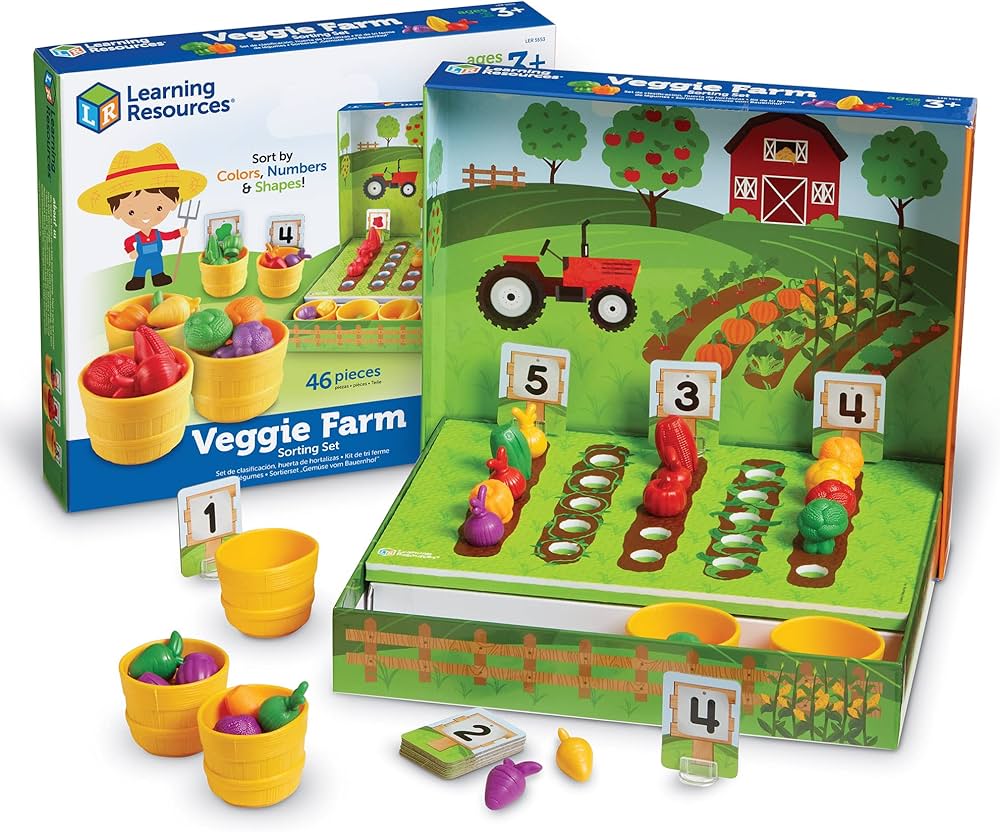 Learning Resources Veggie Farm Sorting Set - 46 Pieces, Ages 3+ Toddler Learning Toys, Preschool Toys for Color Sorting, Food Sorting Game