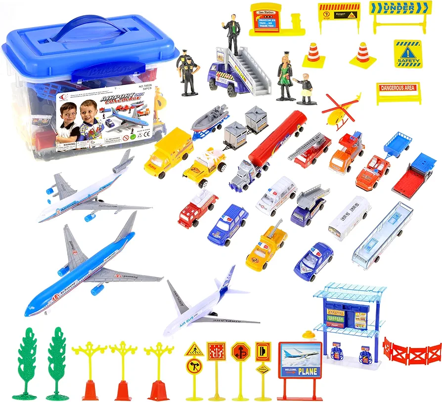 PowerTRC Airport Play Set Airports Toy with Airplanes, Vehicles, Figures & Accessories, Play Mat Interactive Learning Toys for Toddlers