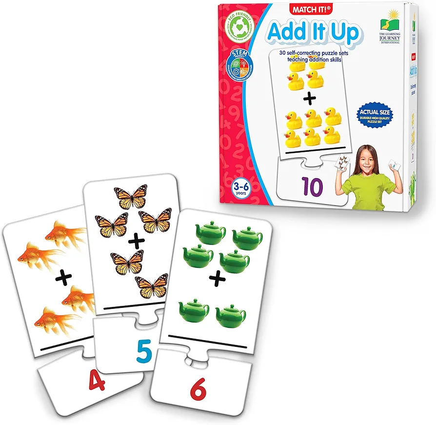 Learning Journey International Match It! Add It Up - STEM Addition Game - Helps to Teach Early Math Facts with 30 Matching Pairs – Preschool Games & Gifts for Boys & Girls Ages 3 and Up, Multicolor