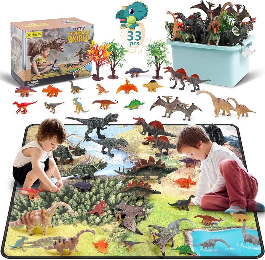 33 Pcs Dinosaur Toy Playset with Activity Play Mat, Realistic Dinosaur Figures, Trees, Rockery to Create a Dino World Including T-Rex, Triceratops, Pterosauria for Kids, Boys & Girls