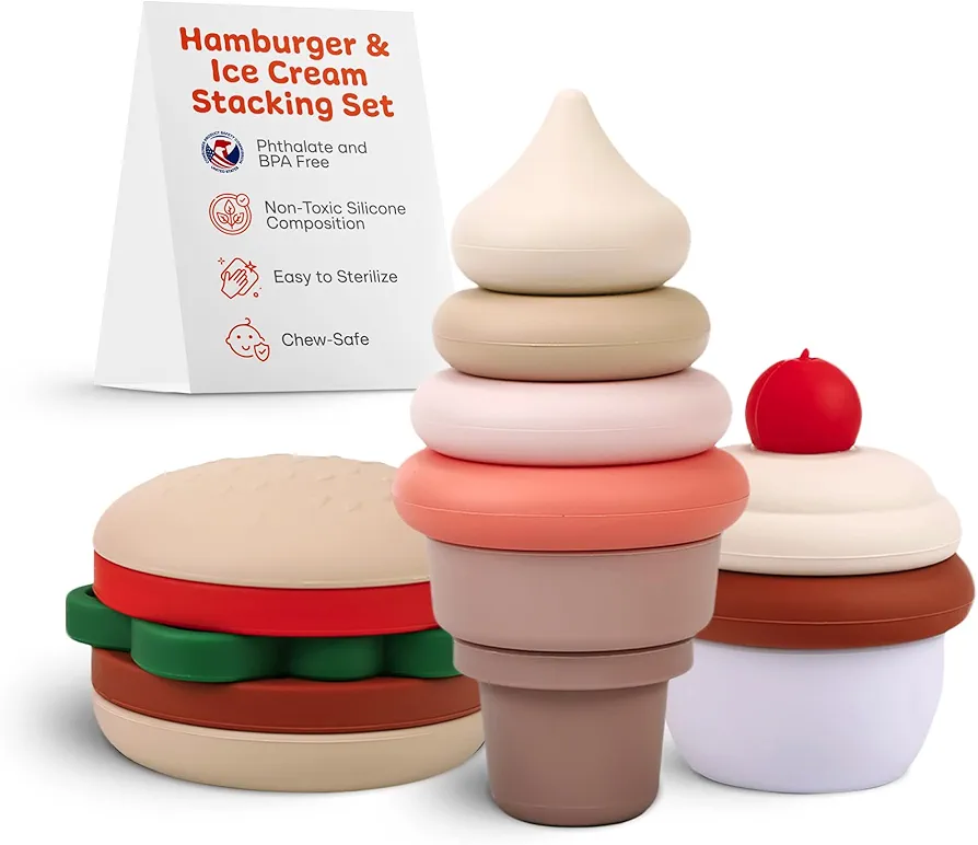 BPA-free Silicone Toddler Stackable Toys- Stacking Blocks, Stacking Cups or Stacking Rings, Stacking Toys for Toddlers 6-12 Months to 3 years old- Burger | Cake- Ice Cream Baby Stacking Toys