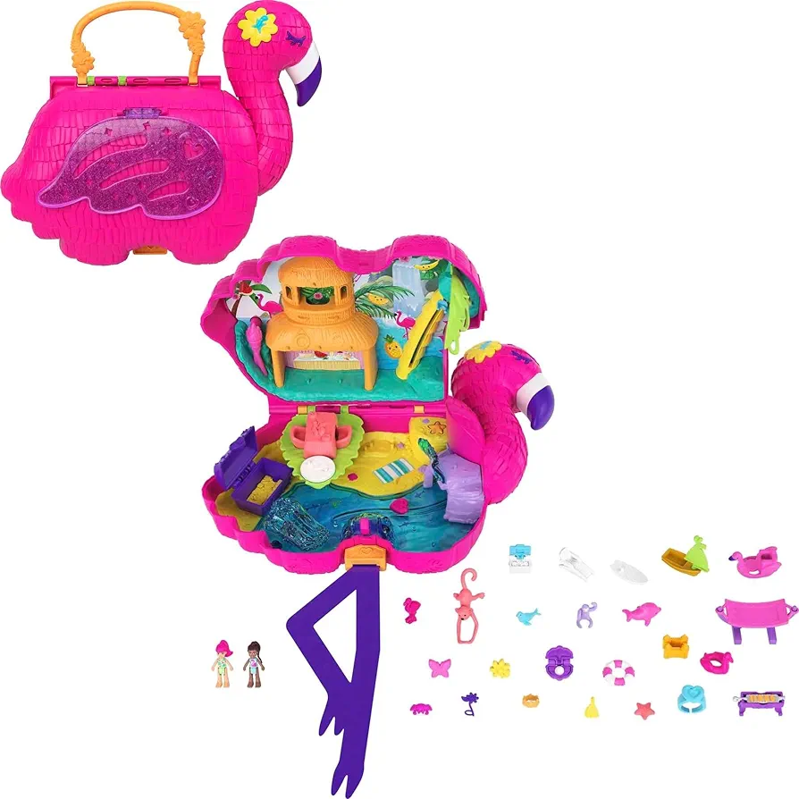 Polly Pocket Travel Toy, Flamingo Party Playset with 2 Micro Dolls & 26 Surprise Accessories, Animal Toy Compact