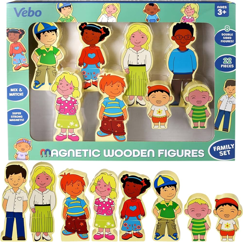 22pc Wooden Magnetic Figures Set of 8 (16 Double Sided Characters) Mix & Match Family Set - Compatible with All Magnetic Tiles Sets - Educational STEM Building Toy Pretend Playset for Ages 3+