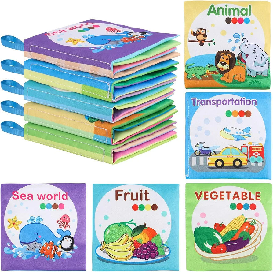 5PCS Baby Bath Books for Toddlers Learning The Names of Animals, Fruits, Vegetables, Transportation, Colorful Patterns, Non-Toxic, Waterproof, Soft Fabric, Preschool Toys for Baby Infant Toddler Kids