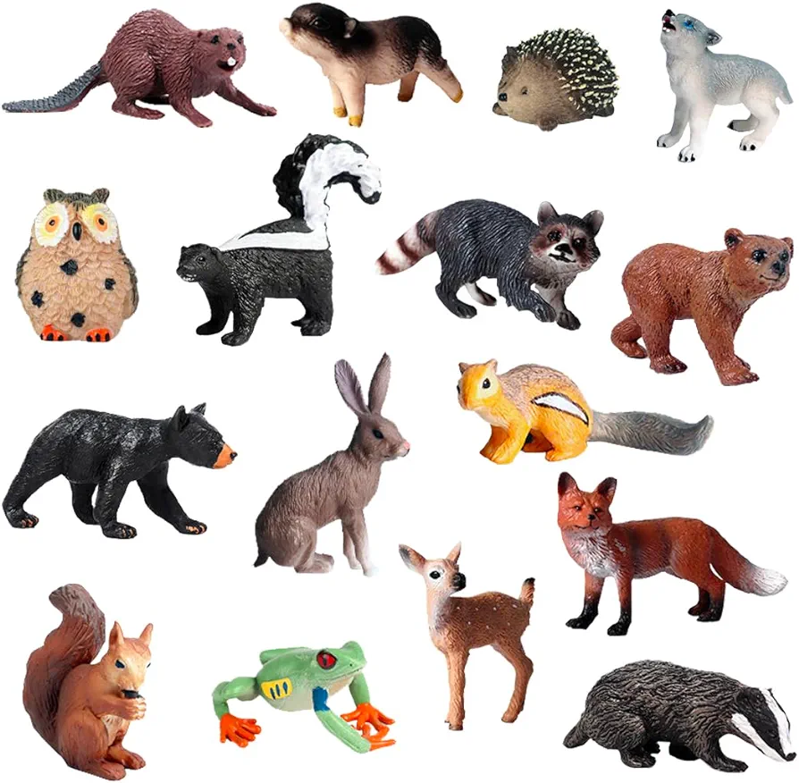 Woodland Animal Figurine Set, 16Pcs Realistic Forest Animal Figure Toys Woodland Creatures for Kids, Miniature Plastic Wildlife Animal Toys Figurine Party Favors Cake Diorama Baby Shower Decorations