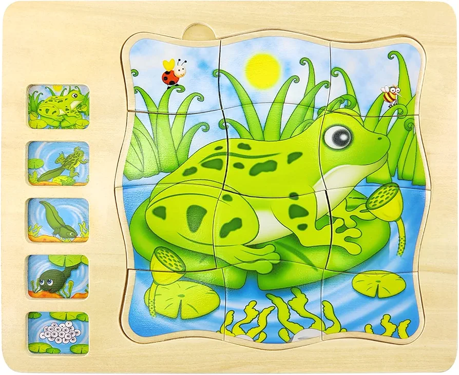 Wooden Puzzles for Kids Age 4-8, 5 Layers Life Cycle of a Frog Montessori Jigsaw Puzzle for Kids, Children Preschool Learning Educational Puzzles Toys for Boys and Girls