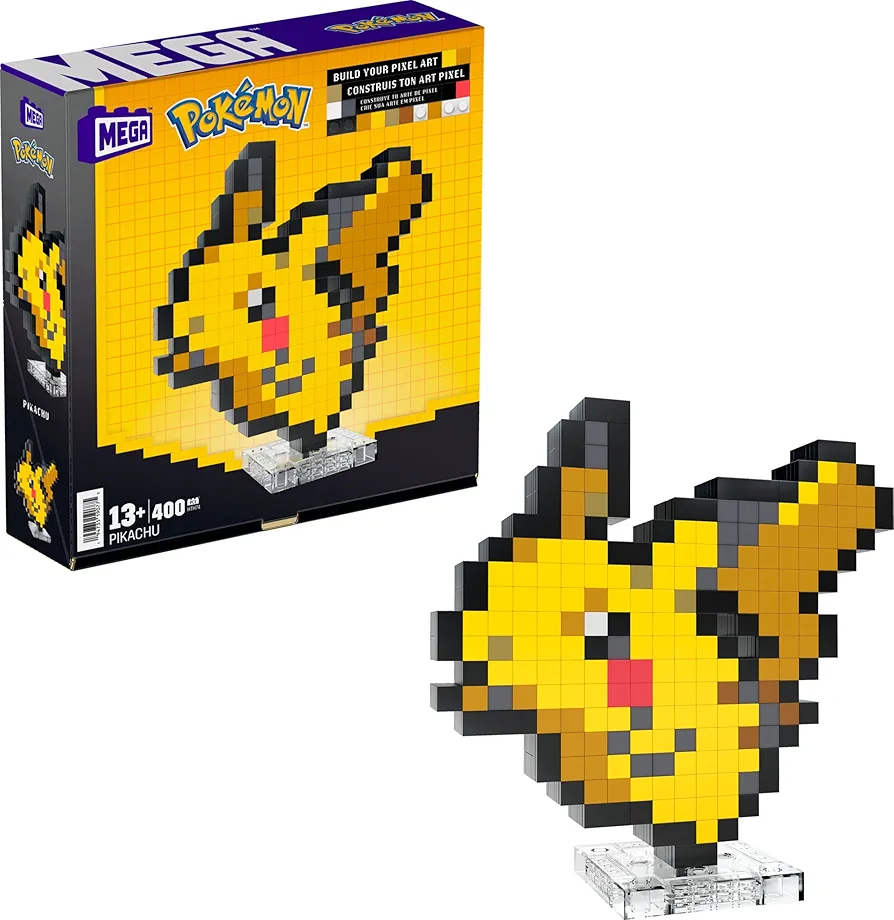 Mega Pokémon Pikachu Construction Set, Articulated Figure, Retro Pixelated Style, 15 cm, Wall or Table Decoration, 400 Pieces, Collectable, Children's Toy, Age 7 Years, HTH74