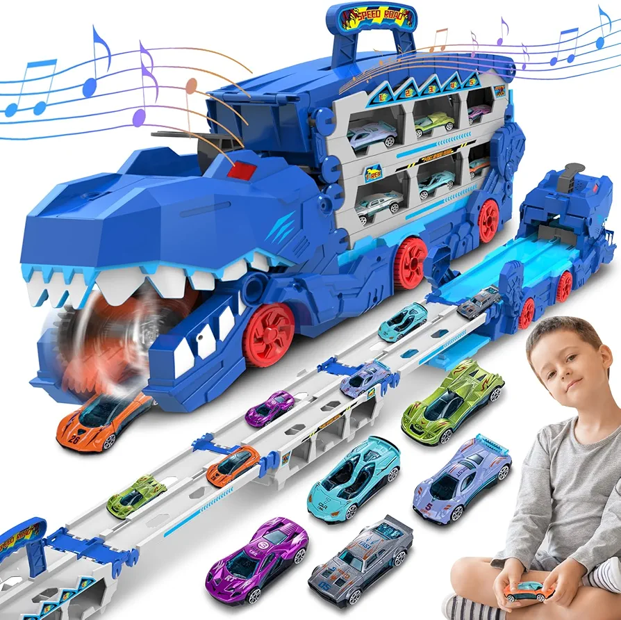 Carrier Truck Toys for Kids, 6-FT Race Track and 8 Die-Cast Metal Toy Cars, Dinosaur with Race Track Ultimate Transporter, Racing Car with Sound Toddler Toys Gifts for Age 3 4 5 6 7 8Years Old