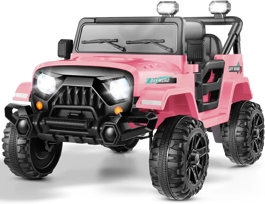 Hikole Toddler Jeep Ride on Truck Car, 12V Power Electric Vehicles with Remote Control, Dual Shock Absorption, LED Lights, Safety Belt, Bluetooth, Music Player, Pink Jeep Gift for Kids - Pink