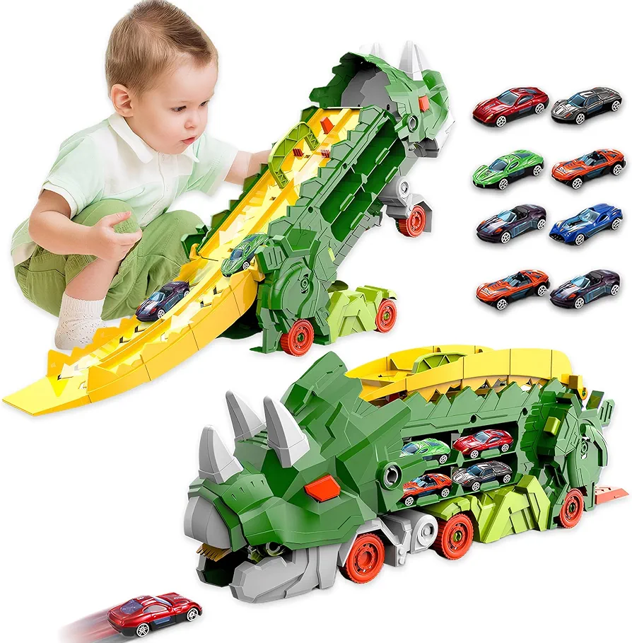 Dinosaur Transporter Truck Foldable Sliding Race Track Toy with 8 Toy Cars for Kids Age 3 4 5 6 7 8 (Green)