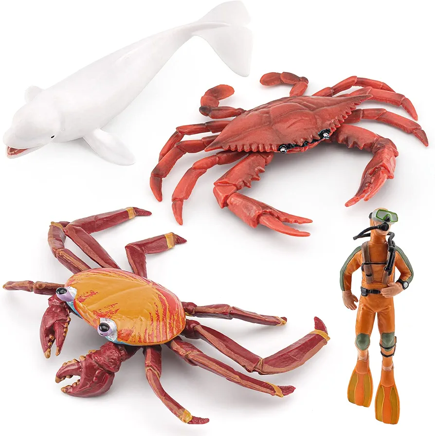 Ocean Sea Marine Animal Figure Toys Playsets 4 PCS Diver White Whale Crab Sally Crab Model Toy Desktop Decoration Collection Party Favors Toys for Boys Girls Kids