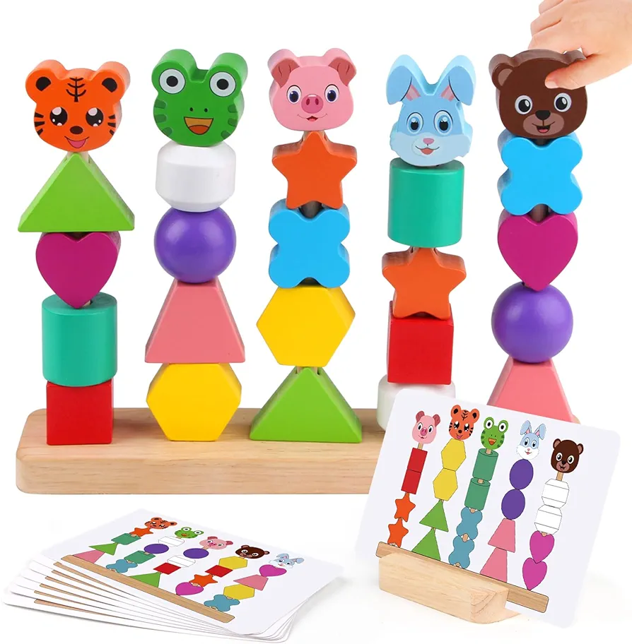 Animal Baby Toys for Boys Girls 2 3 4 Years Old - Cute Rabbit Bear Tiger Pig Frog- Wooden Bead Sequencing Set-Stacking Shapes Colors, Early Learning Toys for Toddlers 2-4 Easter Gifts