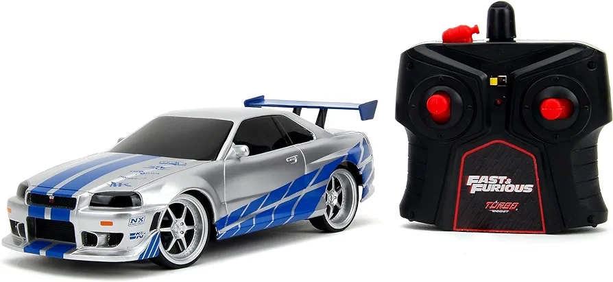 Jada Toys Fast & Furious 1:24 2002 Nissan GT-R R34 Remote Control Car RC with 2.4GHz, Toys for Kids and Adults (99371), Silver