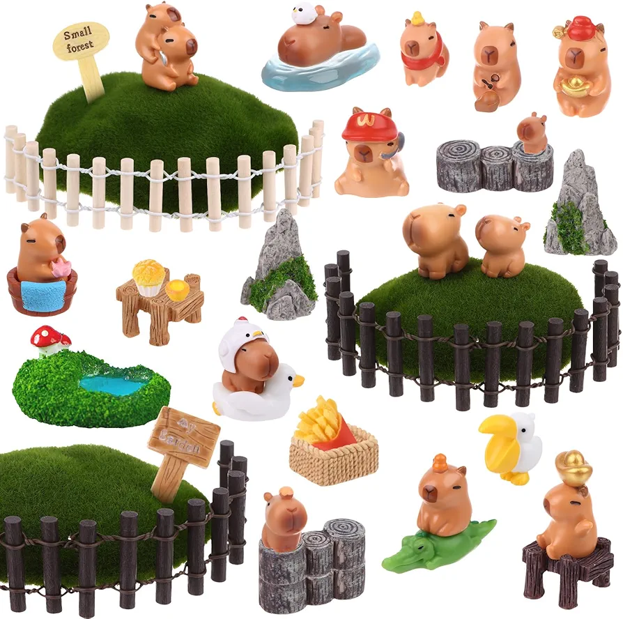 48 Pcs Mini Capybara Figures Playset Simulation Capybara Model Miniature Garden Accessories Wood Mini Fences Bridge Mountain Figurine Ornament Cake Topper for Fairy Garden Micro Landscape Decor