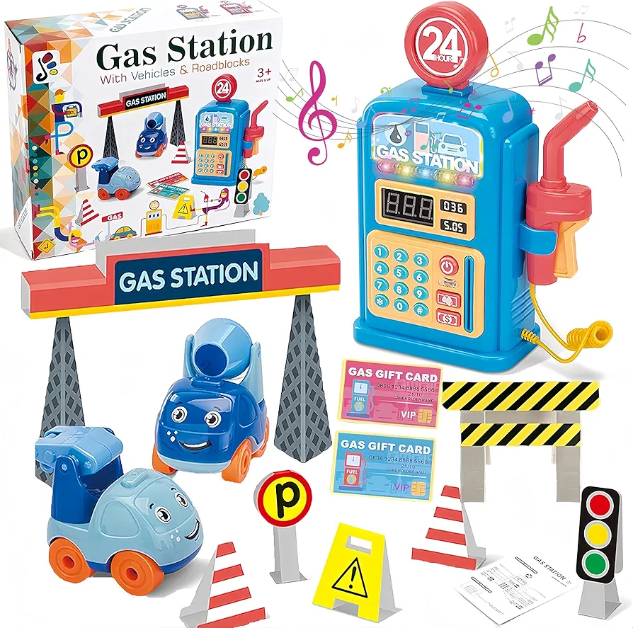 Car Toys for Boy Ages 3-4, Pretend Play Gas Station Gifts Set for Toddler Boy, Music Toy Set for Kid Activity, Christmas Birthday Gift for 3 4 5 6 7 Year Old Kids