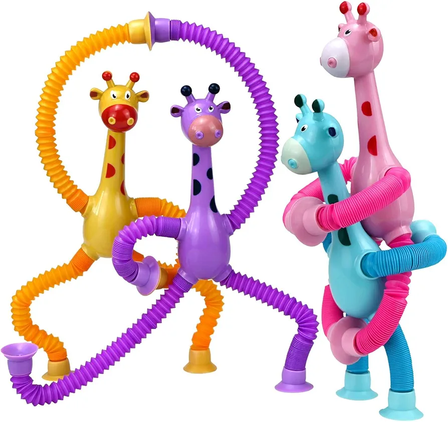 4 Pack Telescopic Suction Cup Giraffe Toy, Pop Tubes Baby Fidget Toys, Fine Motor Skills & Creative Learning, Autism Sensory Toys for Kids Toddler Age 3 4 5 6 Year Old, Boy Girl Gift