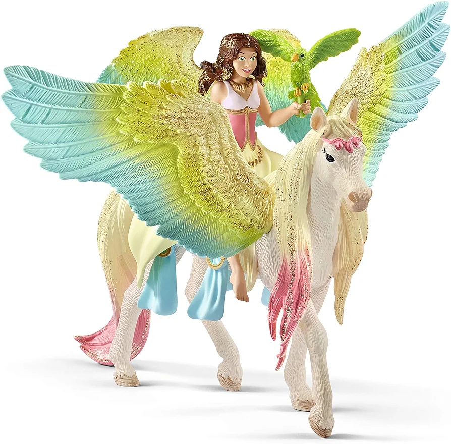 Schleich Bayala Fairy Surah with Glitter Pegasus Magical 3pc Playset - Unicorn and Fairy Toy Figurines with Movable Arms and Horse Riding Plus Accessories, for Boys and Girls, Gift for Kids Ages 5+