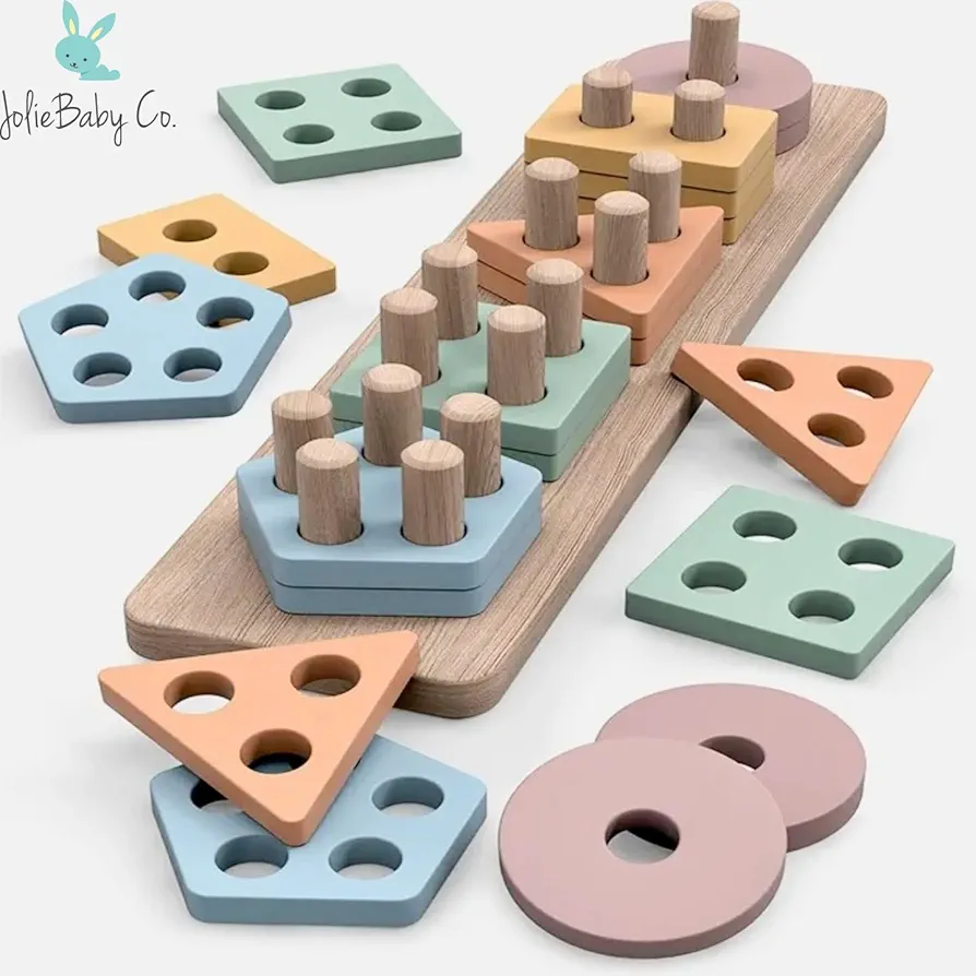 Jolie Baby Co. Montessori Toys for 18+ Months Old - Toddlers Wooden Sorting and Stacking Toys for Baby Boys and Girls - Shape Sorter and Color Stacker Preschool Kids Wood Gifts