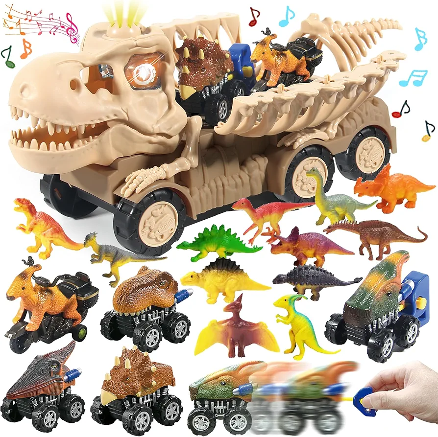 KAEGREEL Dinosaur Trucks Toys for Kids 3 4 5 6 7 Year Old Boys Playset with Dino Figures Pull Back Cars & Catapult Car Dinosaur Skeleton Transport Truck LED & Sound Dino Toys Gifts for Toddlers Xmas