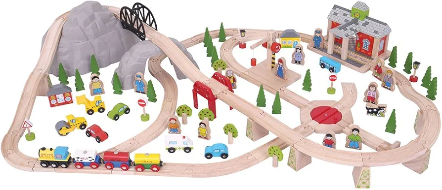 Bigjigs Rail 112pc Mountain Wooden Train Set - Mountain Kids Train Set with 50 Bigjigs Train Accessories, Working Bigjigs Crane and Wooden Train Station for Pretend Play