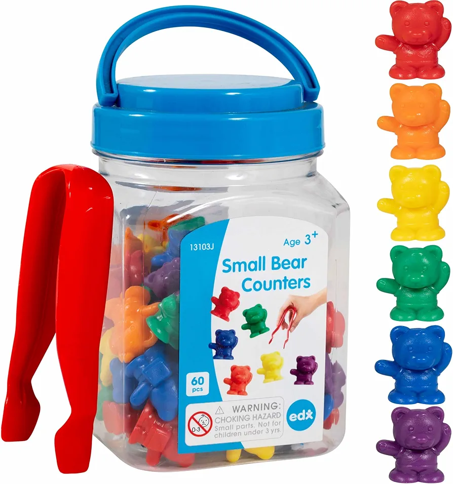 edxeducation Small Bear Counters - Mini Jar - Set of 60 - Early Math Manipulatives - Bear Counters, Tweezers and Actvity Guide - Home Learning