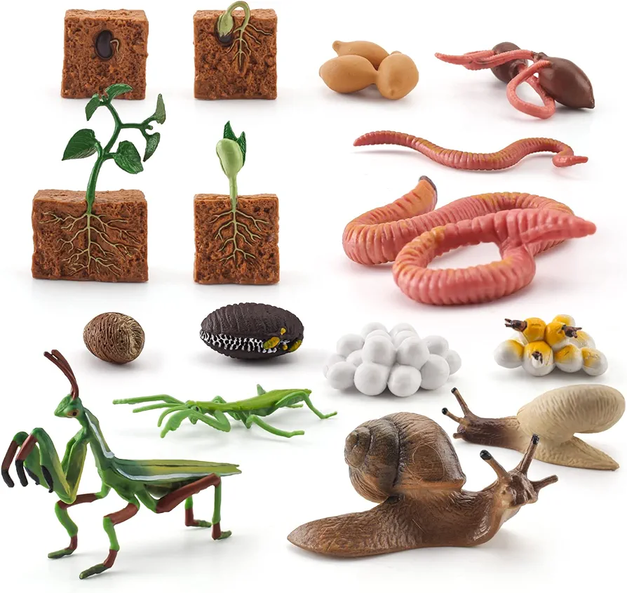 Farm Animals Figurines Life Growth Cycle of Plants Earthworms Mantises Snails, Plastic Food Chain Animal Figures Toy Kit Educational School Project for Kids