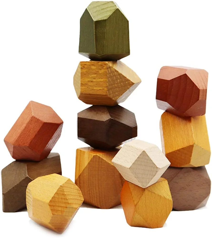 Natural Wooden Blocks Colored Wooden Stones Stacking Game Educational Puzzle Preschool Toy (Large Size (12PCS))