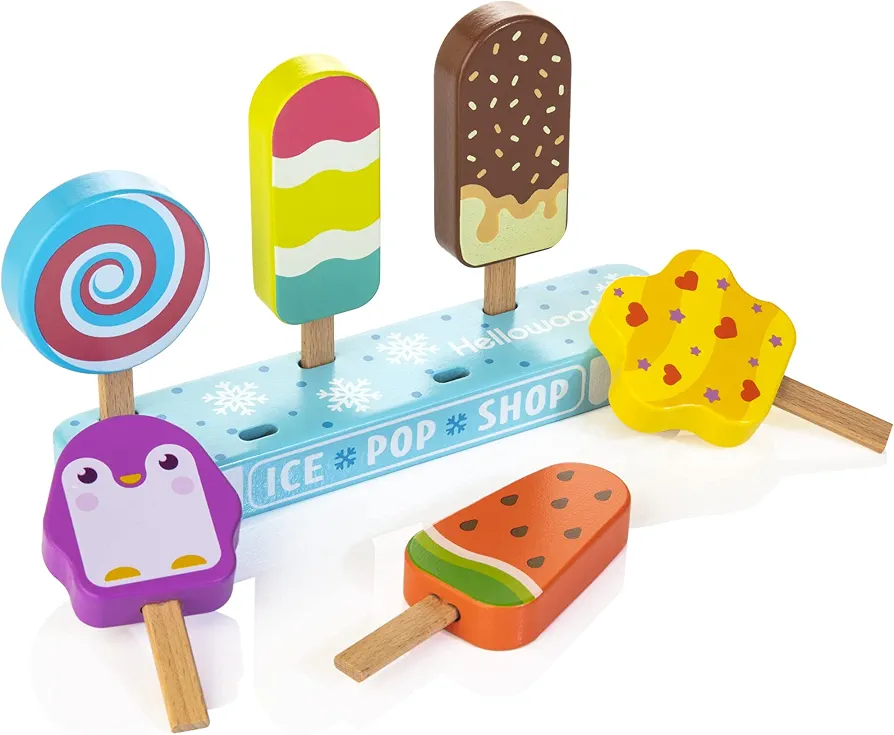 HELLOWOOD Wooden Ice Pop Shop Pretend Play Set for Kids, 7 Pieces Realistic Ice Lolly Play Food Toys Set, Montessori Role Play toys for Toddlers Age 2-4